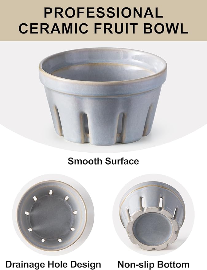 Gomakren Fruit Bowl with Holes, Ceramic Berry Basket Set of 2, 5.8 Inch Round Fruit Storage Containers for Kitchen, Farmhouse Strawberry Basket for Berries, Grape, Cherry, Gray