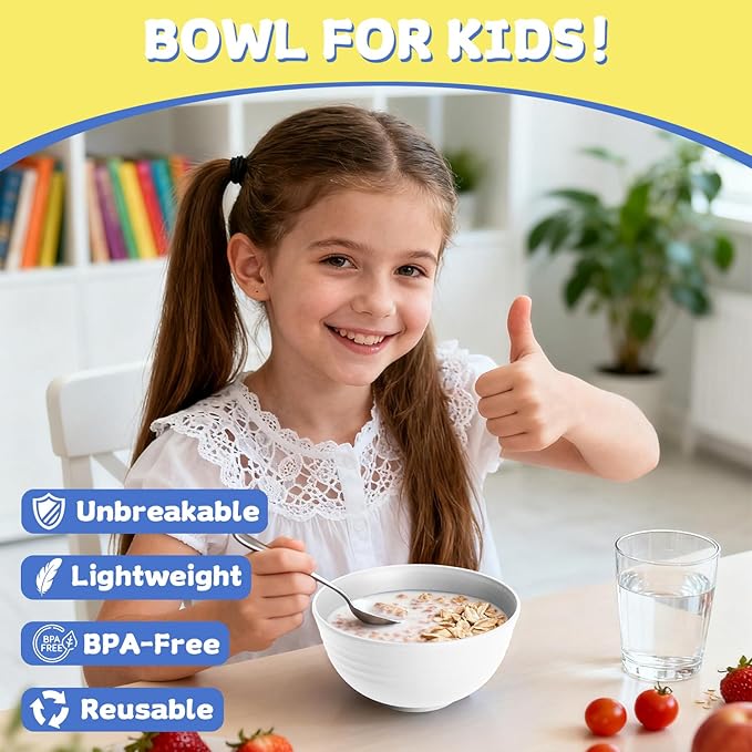 Wheat Straw Bowls 26 OZ, Plastic Bowls Reusable, Unbreakable Cereal Bowls Set of 6, Small Soup Bowl Salad Bowl for Kitchen, Microwave & Dishwasher Safe, White