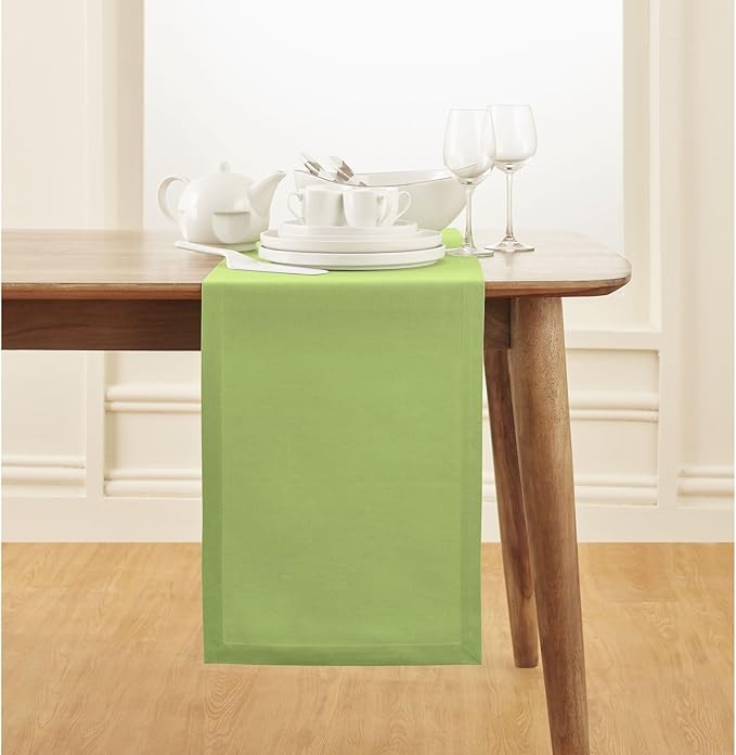 Solino Home Cotton Linen Table Runner 108 Inches Long - Dru Apple Green Dining Table Runner 14 x 108 Inch for Summer - Handcrafted and Machine Washable