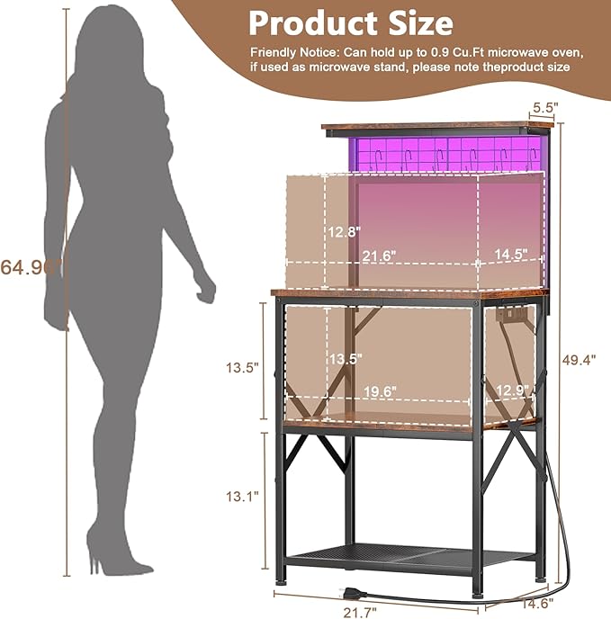 Furologee Bakers Rack with Power Outlet and LED Light, Small Microwave Stand with 4 Tier Shelves, Coffee Bar Station Table with 6 S Hooks, Kitchen Storage Rack for Spices, Pots, Rustic Brown