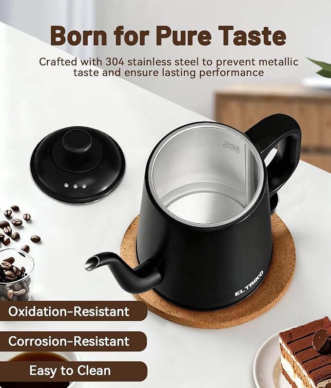 Gooseneck Electric Kettle, 1L Water Boiler, Pour Over Coffee & Tea, 1000W Fast Heating, Stainless Steel, Auto Shut-Off & Boil-Dry Protection, BPA-Free (Black)