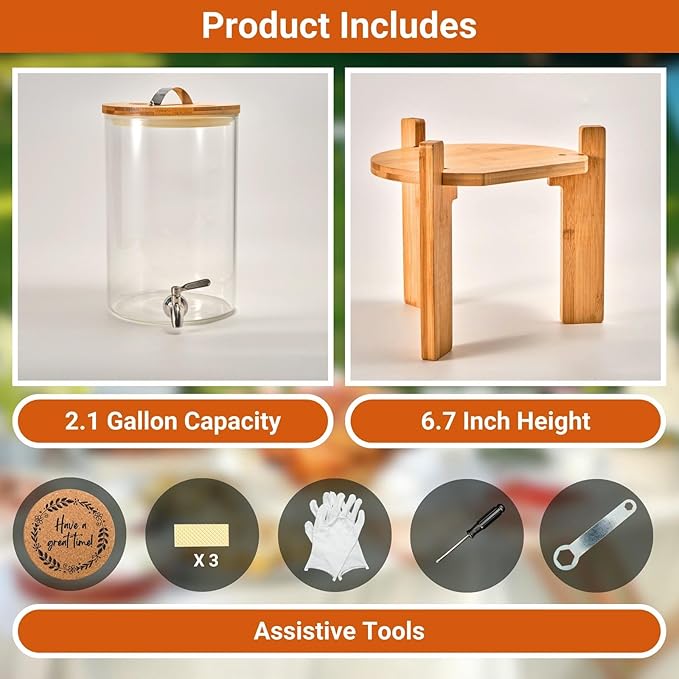 Glass Beverage Dispenser with Bamboo Stand and Lid, Iced 2.1 Gallon Drink Server with Spigot, Large Thick Glass Drink Dispenser for Parties, Hotels, Restaurants, Homes