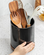 getstar 360° Rotating Large Kitchen Utensil Holder, Ceramic Cooking Utensil Holder for Kitchen Counter with Rotatable and Detachable Wooden Base (Black)