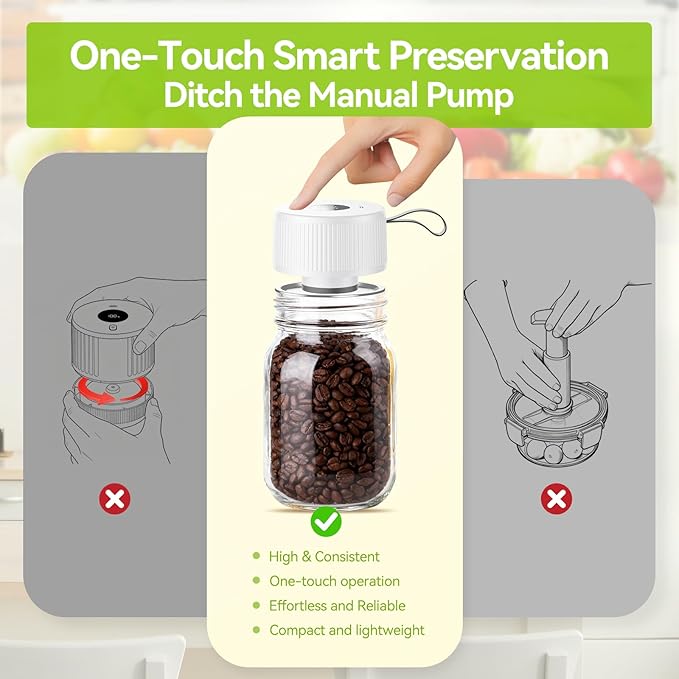 3-in-1 Electric Mason Jar Vacuum Sealer Kit for Mason Jars, Food Savers & Containers | Food Preservation System for Kitchen | Ideal for Canning Jams, Pickles, Dry Foods, Grains & Leftovers (White)
