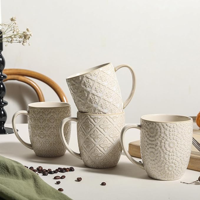Coffee Mug Set of 4-16 oz Large Ceramic Mugs, Porcelain Embossed Coffee Cups for Cocoa, Tea, Milk, Mocha, Cappuccino - Housewarming Wedding Decoration, Dishwasher Safe, 3.5 x 4.5 inch