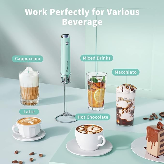Maestri House Rechargeable Milk Frother with 3 Heads, LunaFro AS Handheld Electric Foam Maker Waterproof Detachable Stainless Steel Whisk Drink Mixer Foamer with Stand for Lattes, Cappuccino, Egg