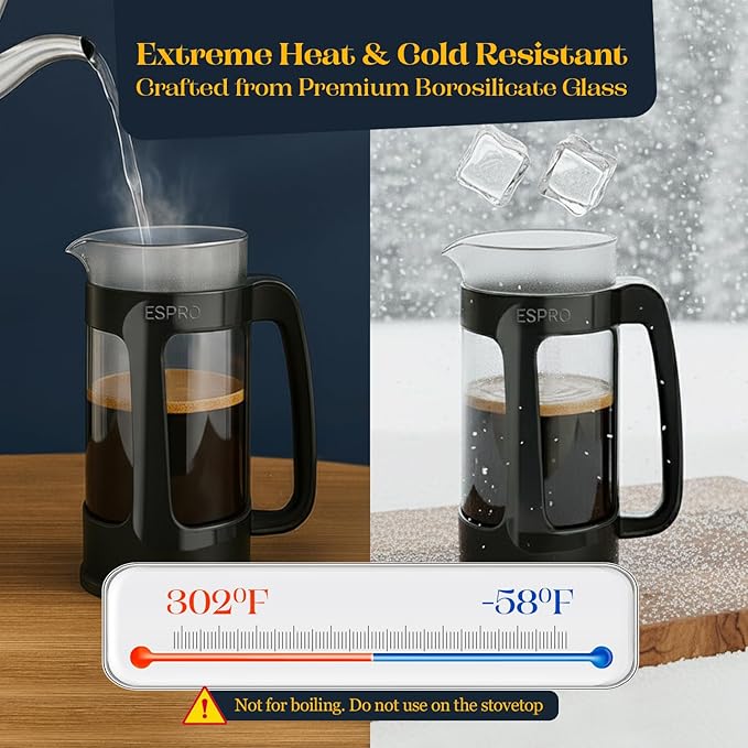 ESPRO P3 French Press Coffee Maker – Patented Double Micro-Filter for Grit-Free Brew, Heat Resistant thicker Borosilicate Glass Coffee press – (18 oz)