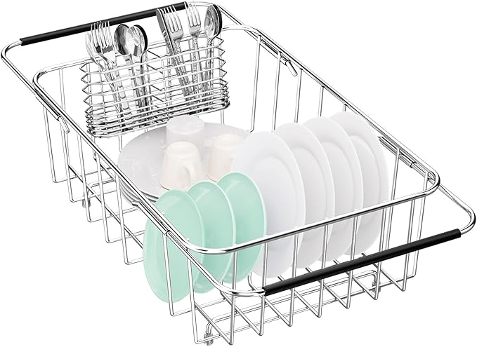 Dish Drainer Rack in Sink Adjustable, Expandable 304 Stainless Steel Metal Dish Drying Rack Organizer with Stainless Steel Utensil Holder Over Inside Sink Counter, Rustproof