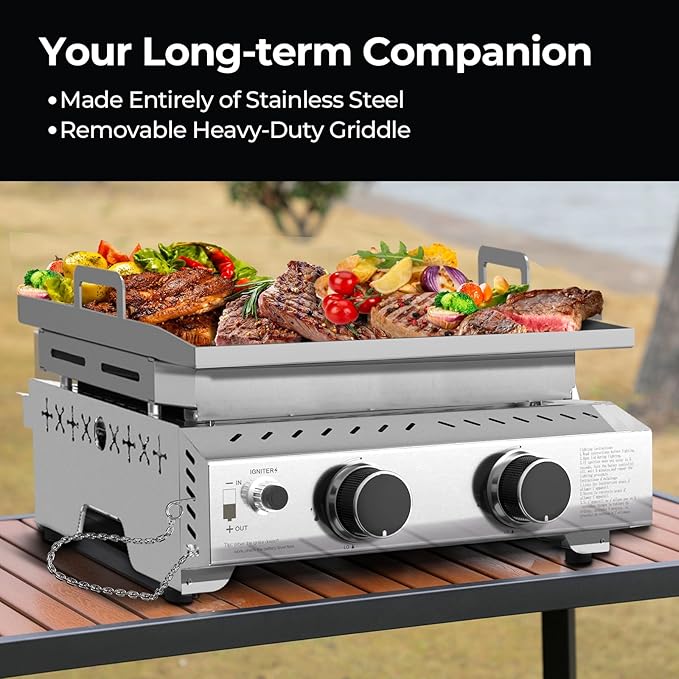 R.W.FLAME 2 Burner Tabletop Propane Griddle, 23" Stainless Steel Gas Griddle, 16,000 BTU Flat Top Grill for Outdoor BBQ,Camping & Patio Gatherings