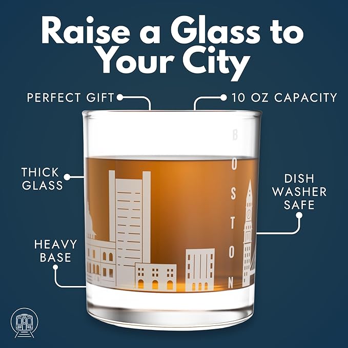 Greenline Goods – Boston, MA Skyline Whiskey Glasses (Set of 2), 10 oz – Rocks/Old Fashioned Tumblers