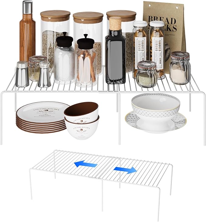 Expandable Storage Shelf, Pantry Organizers and Storage, Adjustable Rustproof Metal Wire Spice Rack, Space Saver Kitchen Storage Shelves for Pan, Pot, Countertop, Drawer, Fridge, Set of 2, White