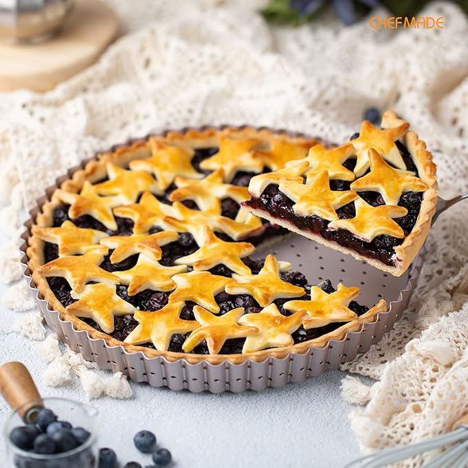 CHEFMADE 9.5-Inch Round Tart Pan with Holes Removable Loose Bottom, Non-Stick Carbon Steel Quiche Pan for Oven Baking (Champagne Gold)