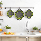 Collapsible Colander 3-Pack Set Space-Saving Foldable Kitchen Strainer with Non-Slip Base Durable Thickened PP+TPE Collapsible Strainers for Pasta, Vegetables, Fruits (Gray-Green)
