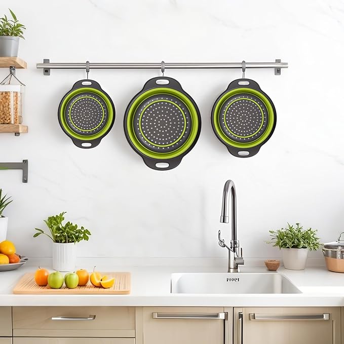 Collapsible Colander 3-Pack Set Space-Saving Foldable Kitchen Strainer with Non-Slip Base Durable Thickened PP+TPE Collapsible Strainers for Pasta, Vegetables, Fruits (Gray-Green)