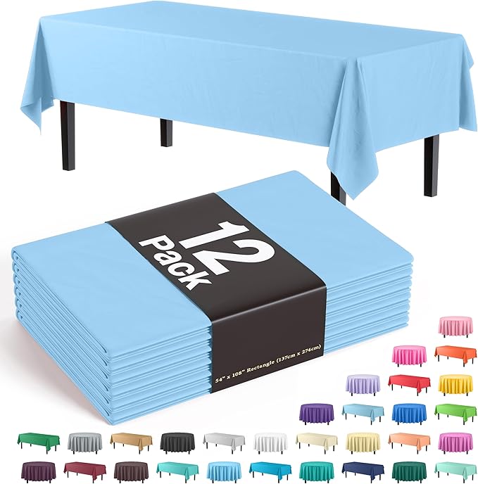 Exquisite 12-Pack Premium Plastic Tablecloth 54in. x 108in. Rectangle Table Cover - Light Blue