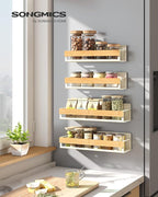SONGMICS Magnetic Spice Rack for Refrigerator, 4 Pack, 2 Large and 2 Small Kitchen Magnetic Shelves for Washing Machine, Spice Organizers, No Drilling Needed, Cream White and Light Bamboo UKCS062WD01