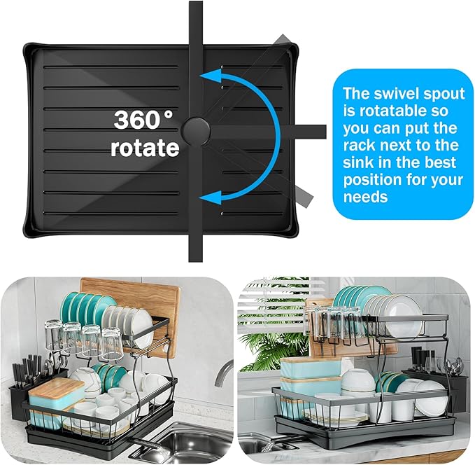 7 code Large Dish Drying Rack for Kitchen Counter, Detachable Large Capacity Dish Drainer Organizer, 2-Tier Dish Racks with Utensil Holder, Black