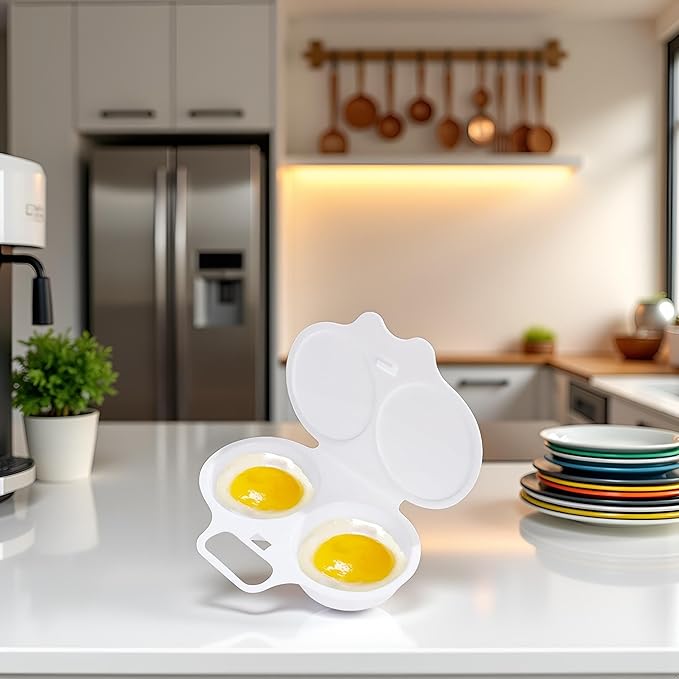 White Egg Poacher, Microwave Egg Boiler Poacher, 2 Cavity Nonstick Poached Egg Maker With Lid, Egg Poacher Microwave Egg Cooker