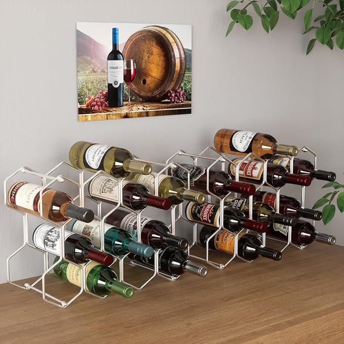 Buruis Countertop Wine Rack, 14-Bottle Modern Freestanding Metal Holder for Red and White Wine, Tabletop, Kitchen, Bar, and Cabinet Storage (Chrome)