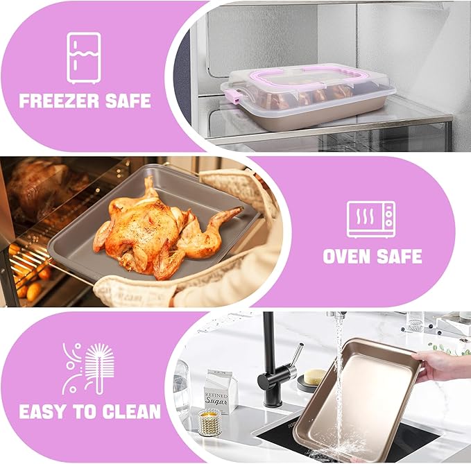 Rectangular Cake Pan with Lid, 9 x 13 Inch Baking Pan With Lid and Handle, Nonstick Bakeware Bake & Roast & Cook Carrier Pan, Champagne