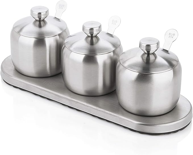 TENT TENTA KITCHEN 18/8 Stainless Steel Seasoning Containers Set Spice Jar Spice Rack Condiment Cruet Bottle Salt Pepper Sugar Storage Organizers with 3 Serving Spoons And Non-slip Base
