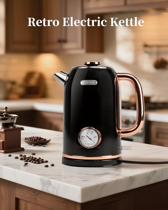 Retro Electric Kettle, 1.8L/60.8oz Hot Water Kettle Electric with Thermometer, 1200W Fast Heating Stainless Steel Tea Kettle for Boiling Water, Cordless, LED Indicator, Auto Shut-Off, Black