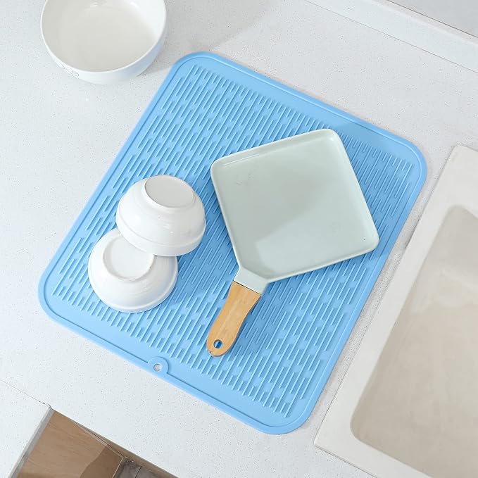 Silicone Dish Drying Mat for Multiple Usage,Easy clean,Eco-friendly,Heat-resistant Silicone Mat for Kitchen Counter or Sink,Refrigerator or Drawer Liner Light Blue XL 18 inches x 16 inches