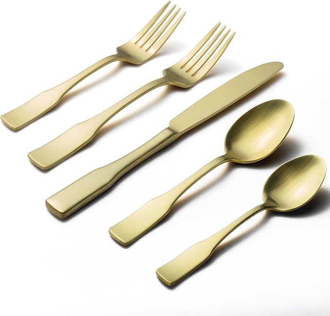Alata Kate Champagne Gold Satin 40-Piece Silverware Set, Service for 8, Stainless Steel Flatware Set, Matte Polished Cutlery Set, Dishwasher Safe