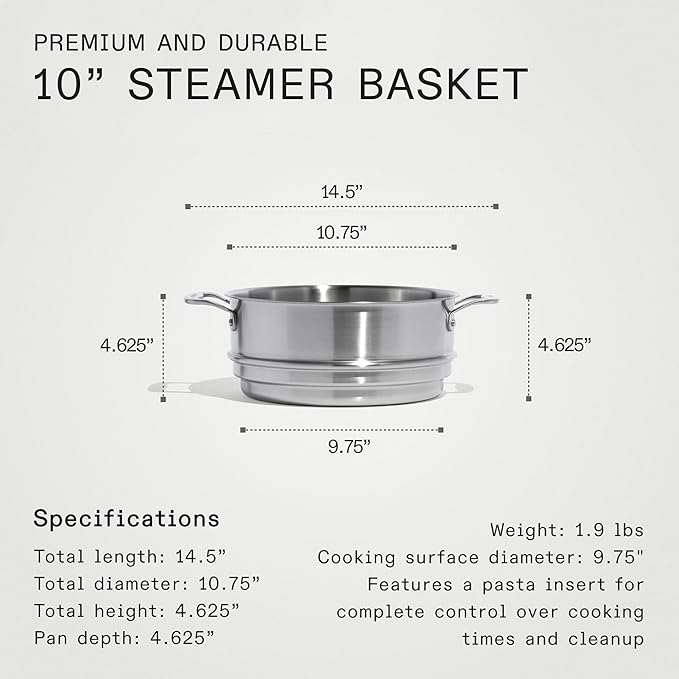 Made In Cookware -10" Stainless Steel Steamer Insert - Pot Strainer - 8 Quart Compatible - 5 Ply Stainless Clad - Professional Cookware