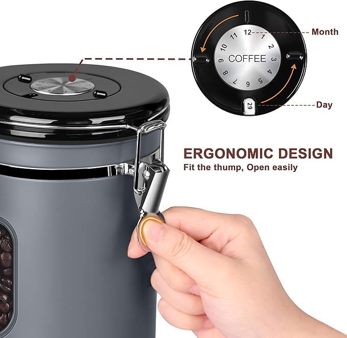 1500ML Airtight Coffee Canister with Date Tracker&Transparent Window, 18OZ Coffe Beans Storage with 30ML Measure Spoon&4 co2 Valve, Coffee Container for Grounds Coffee, Beans, Tea, Sugar, Flour(Gray)
