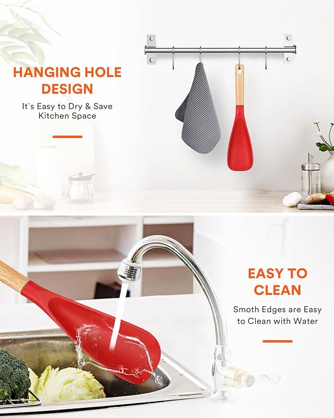 Cooking Spoon for Nonstick Cookwares, Great for Cooking and Serving Sturdy BPA-Free Matte Silicone, Wood Handle Spoon for Mixing, Scoop, and Scrape (RED)