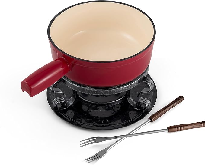 Swissmar Lugano Cast Iron Cheese Fondue Set, 9-Piece, 2 QT / 2 L - Ideal for Melting Cheese, Chocolates, Caramel, & More - Perfect for Kitchen Collection & Gift Giving - Cherry Red