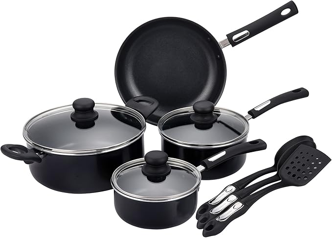 Hamilton Beach Aluminum Covered Cookware Set, Nonstick Saucepan Frypan, Dutch Oven with Soft Touch Bakelite Handle, | Spiral Bottom- Multipurpose Use | Durable & Dishwasher Safe |10pc, Black |