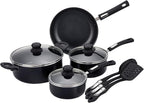 Hamilton Beach Aluminum Covered Cookware Set, Nonstick Saucepan Frypan, Dutch Oven with Soft Touch Bakelite Handle, | Spiral Bottom- Multipurpose Use | Durable & Dishwasher Safe |10pc, Black |
