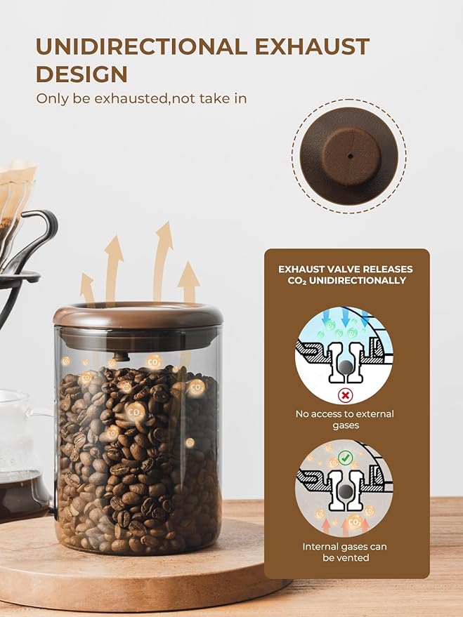 Borosilicate Glass Air Tight Coffee Grounds Container 600 ml – Pop Top Coffee Canister with One-Way CO₂ Valve, 7 Oz Coffee Storage Container, UV Protection