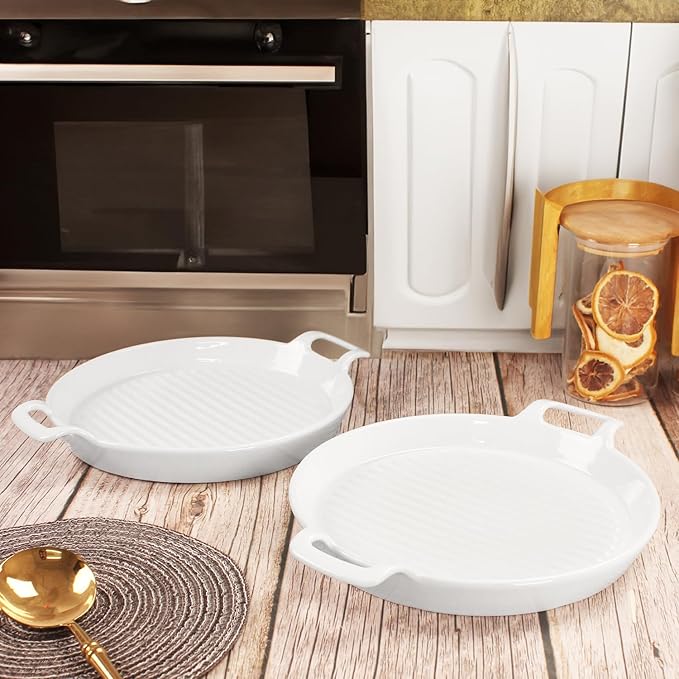 Round 7.4 Inch Au Gratin Baking Dishes, Set of 2, Porcelain Baking pan Oven Safe, Roasting Lasagna Pans, for Casserole Dish, Pie Plate, Baking, Small Plates, Au Gratin Baking Dishes