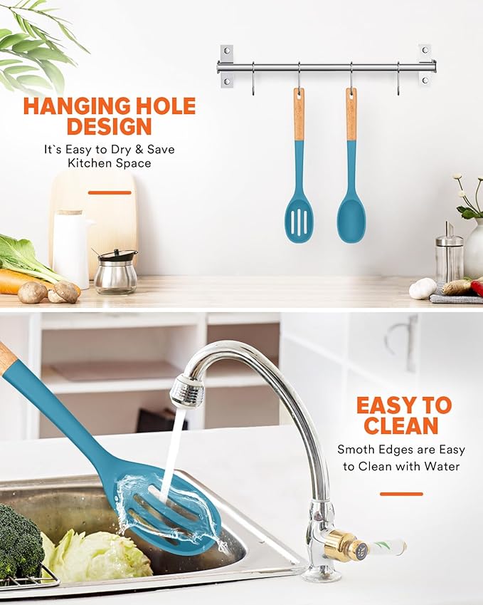 Silicone Cooking Spoons, Great for Scooping Sides and Serving Hearty Stews, BPA-Free Matte Silicone, Wooden Handle Serving Spoon for Nonstick Cooking Surfaces (Blue)