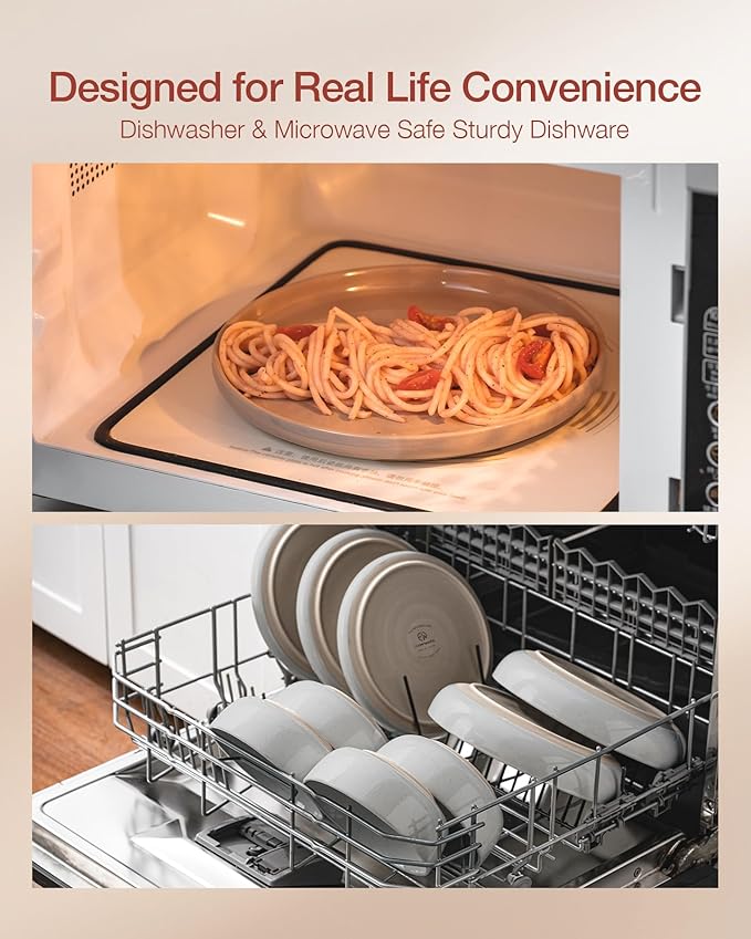 Famiware Milkyway Stoneware Dinnerware Sets with Pasta Bowls, Service for 6 (24 Pieces), Plates and Bowls Sets -Scratch Resistant, Microwave and Dishwasher Safe Dishes Set, Light Gray