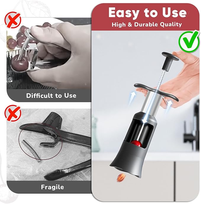 2 in 1 Cherry Pitter Remover Tool, Premium Quick Release Cherry Pitter, Press & Push Type, Large 33mm Cherry Seed Remover, Durable, Food Grade Stainless Steel & PP Plastic