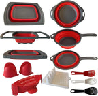 BaraBara Silicone 10 pcs Telescopic Collapsible Strainers with Handles, Foldable Bowl, Clip on Drainer. Red Spoon Rest, 3 ladle Masher Spoons. Silicone Gloves Heat Resistant Bundle Cooking Set.