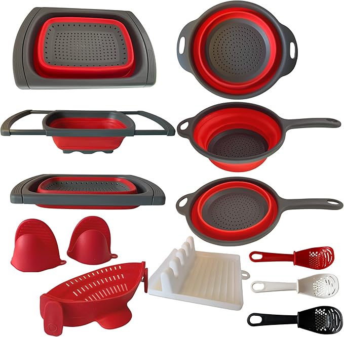 BaraBara Silicone 10 pcs Telescopic Collapsible Strainers with Handles, Foldable Bowl, Clip on Drainer. Red Spoon Rest, 3 ladle Masher Spoons. Silicone Gloves Heat Resistant Bundle Cooking Set.