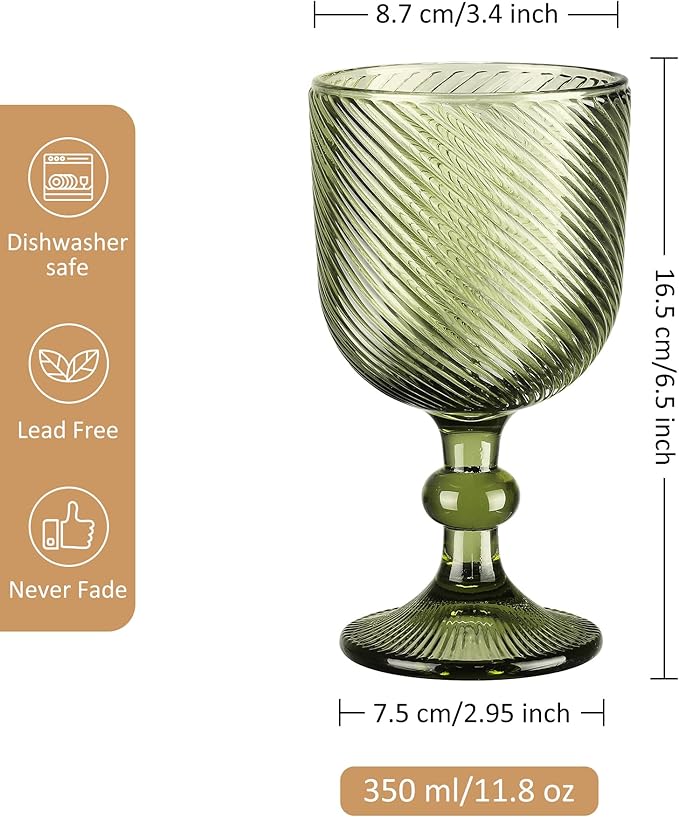 Joeyan Vintage Colored Glass Goblet,Green Ribbed Embossed Wine Glasses Water Drinking Glasses,Stemmed Wine Glassware for Christmas Party Wedding Table Decor,12 oz,Set of 4,Dishwasher Safe