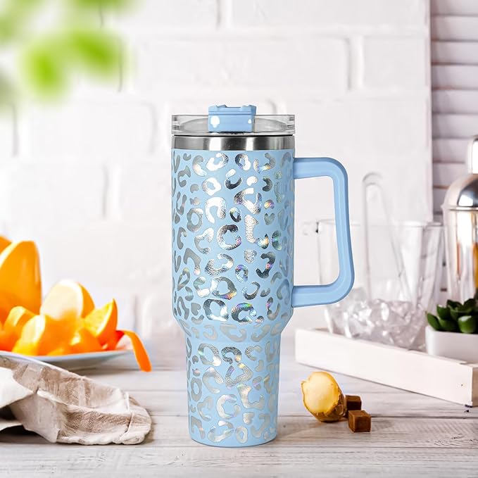 sweet grain 40 oz Tumbler with Handle and Straw, Stainless Steel Blue Leopard Print Tumbler and Straw Lid, Double Vacuum Cheetah Cup, Keeps Drinks Cold Up to 24 Hours