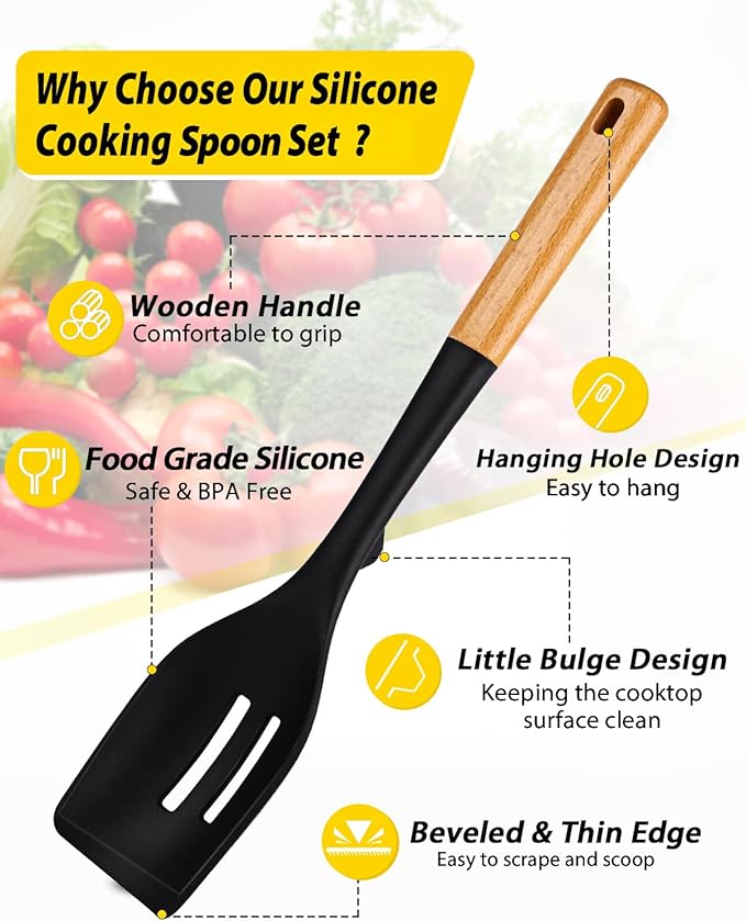 Pack of 2 Large Silicone Cooking Spoons, Heat Resistant Non Stick Kitchen Utensils with Wooden Handle, Ideal for Mixing, Stirring, Serving, Cooking(BLACK)