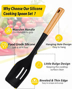Pack of 2 Large Silicone Cooking Spoons, Heat Resistant Non Stick Kitchen Utensils with Wooden Handle, Ideal for Mixing, Stirring, Serving, Cooking(BLACK)