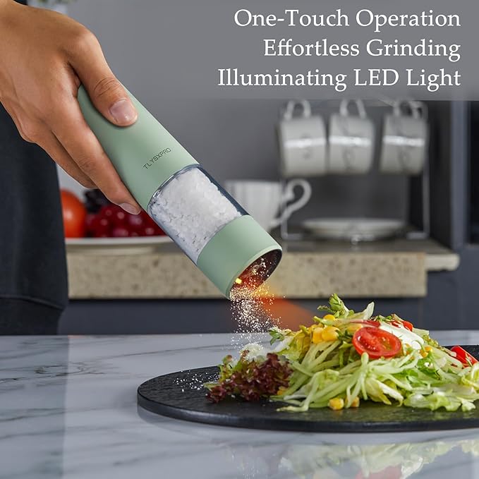 Electric Salt and Pepper Grinder Set, USB Rechargeable, Automatic Salt and Pepper Mill Grinder with Adjustable Coarseness, Electric Salt Shakers, LED Light, Refillable (2 Packs, White)