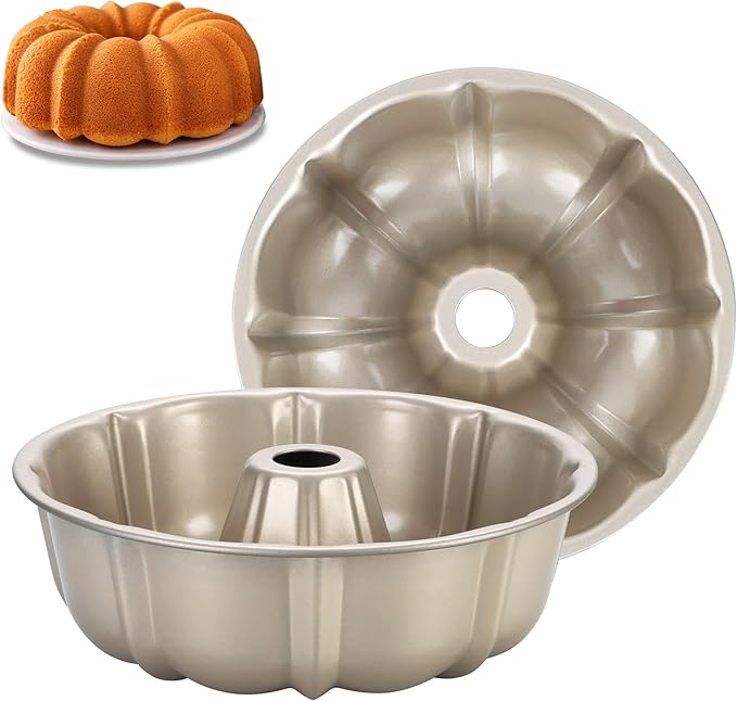 Homikit Nonstick Cake Pan Set of 2, Heavy Duty Carbon Steel Fluted Tube Round Pans 10 Inch 10 Cups for Baking Pound Cakes, Jello, Brownie, Monkey Pumpkin Bread, Oven Safe & Easy Release, Gold