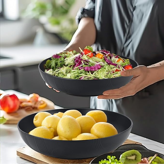 Large salad bowls,65oz Salad bowls set of 2,Unbreakable Plastic bowls Microwave & Dishwasher Safe Bowls,Wheat Straw Serving Bowls for Salad, Cereal, Fruit, Dishwasher Safe.Black