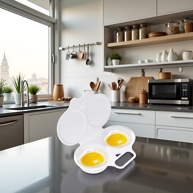 White Egg Poacher, Microwave Boiler Poacher, Poacher, 2 Cavity Nonstick Poached Egg Maker With Lid, Egg Poacher Microwave Egg Cooker, Double Drain Poached Egg Cups, (5 * 1.9in)