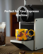 Ceramic Mini Espresso Cups Set of 2 – 3 oz Double Espresso Coffee Cups with Q Handle, Yellolw Floral and fruit Pattern, Small Espresso Shot Cups for Home Coffee Bar,Lungo